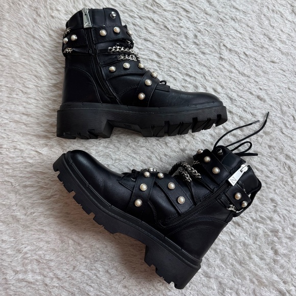 New Zara Moto Boots Black Leather Pearl Metal 38 Combat Biker 7160/001 - Picture 7 of 11